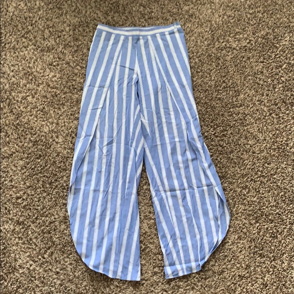 High Waisted Cotton Stripped Pants with Slits